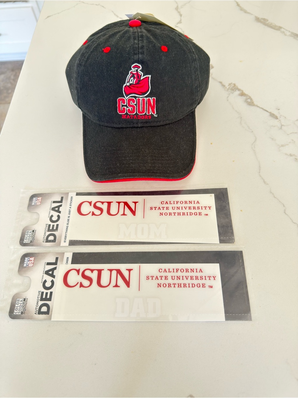 CSUN The Game Black & Red Matadors Baseball Cap & MOM & DAD CSUN Decals